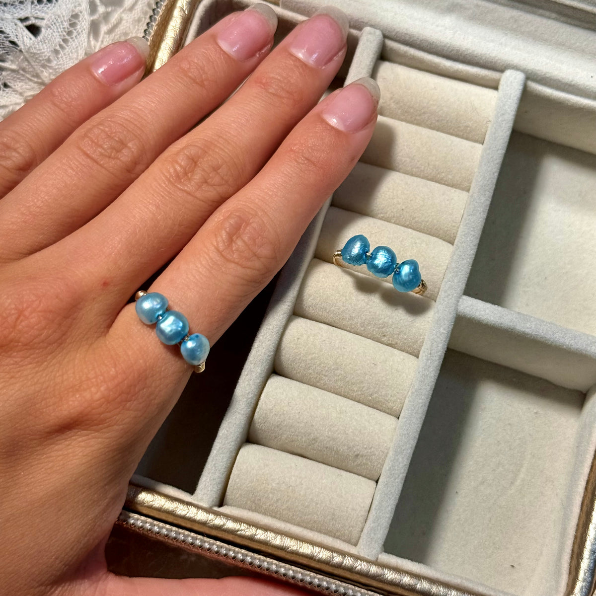 Triple blue pearl ring ￼