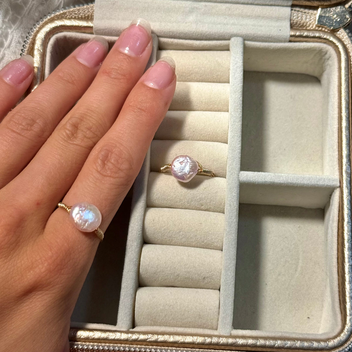 Pink coin pearl ring