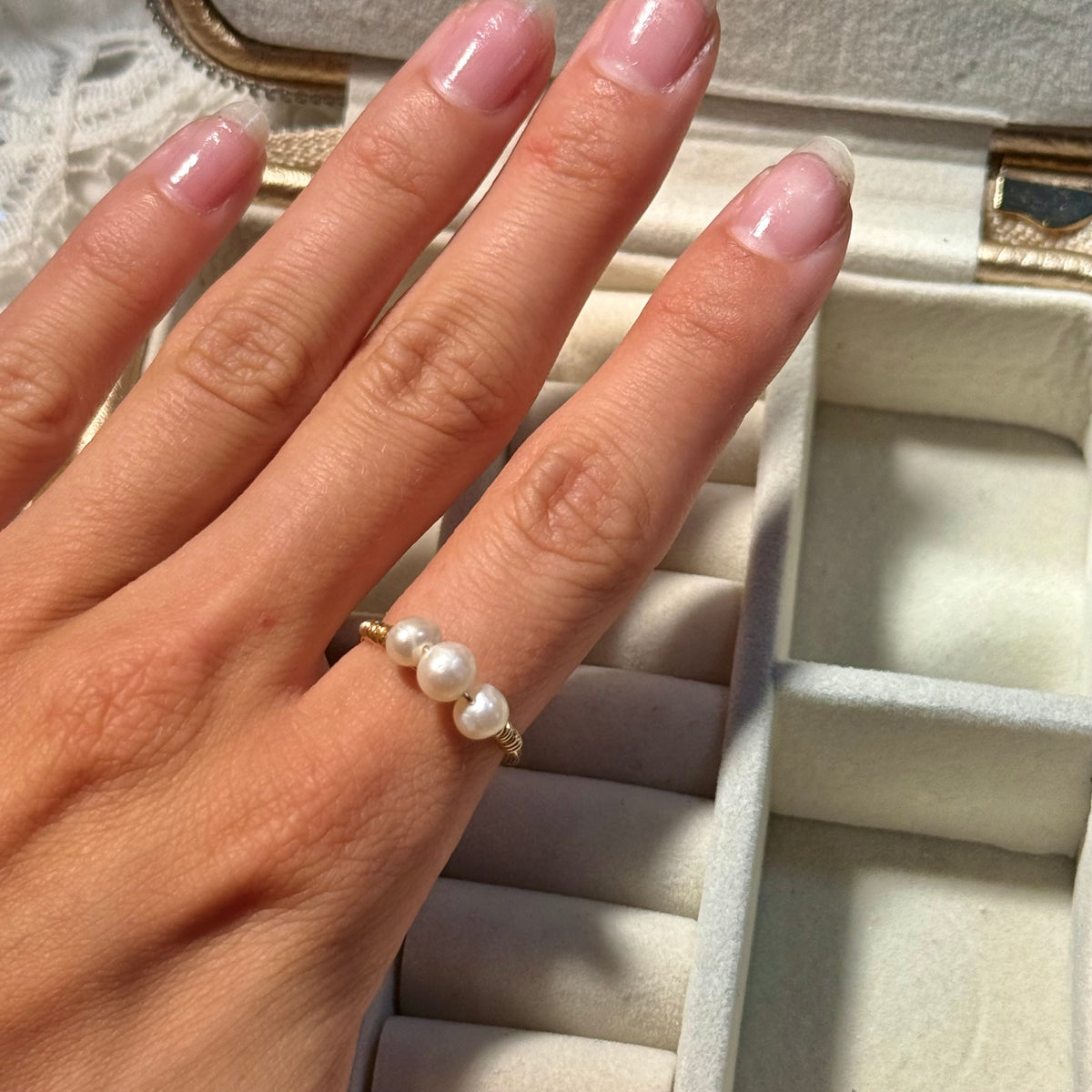 Triple small white pearl ring
