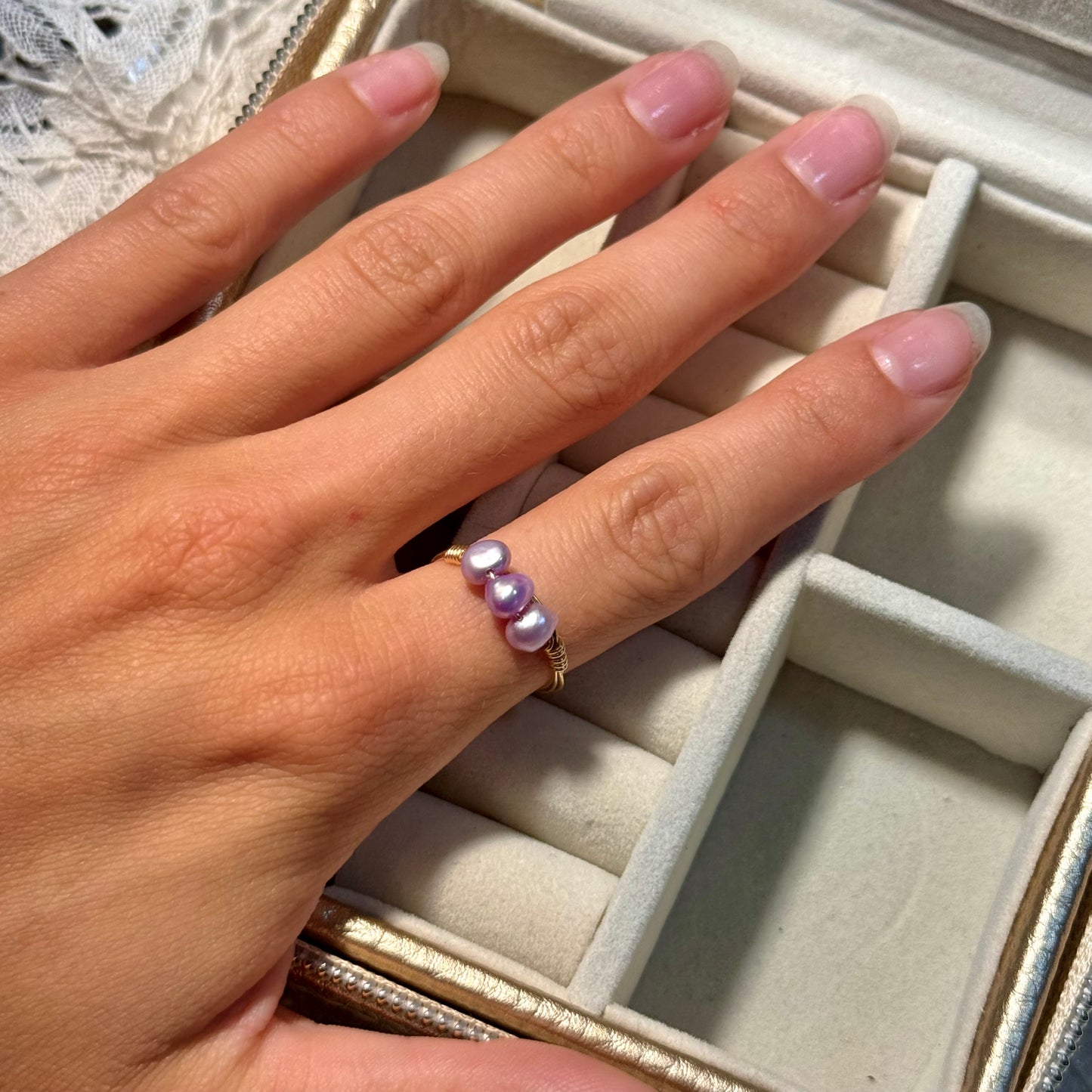 Triple light purple pearl ring